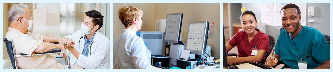 Man in wheelchair, medical technician looking at Pevco software, female and male medical staff