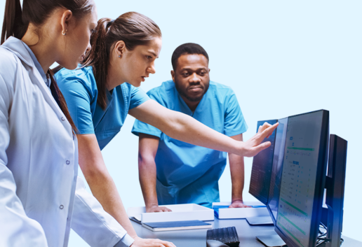 Medical staff viewing Pevco software on a computer screen