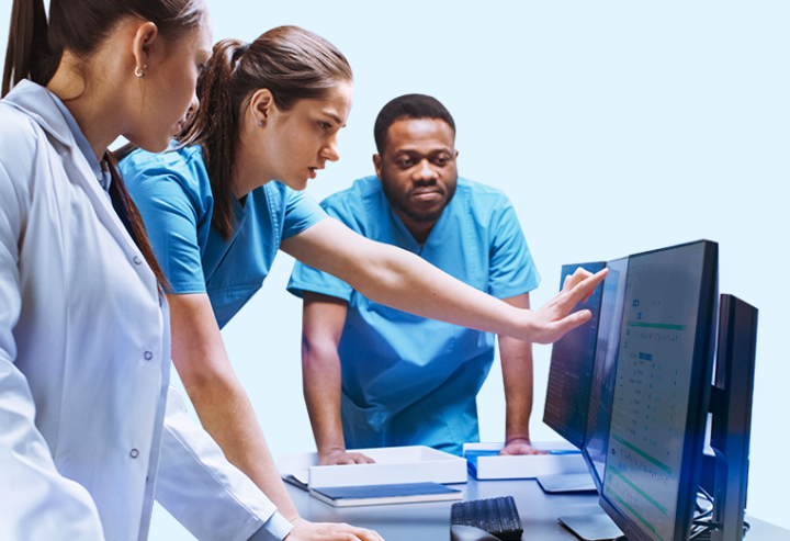 Medical staff viewing Pevco software on a computer screen