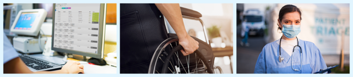 medical technician looking at Pevco software, patient in wheelchair, Female medical technician holding documents